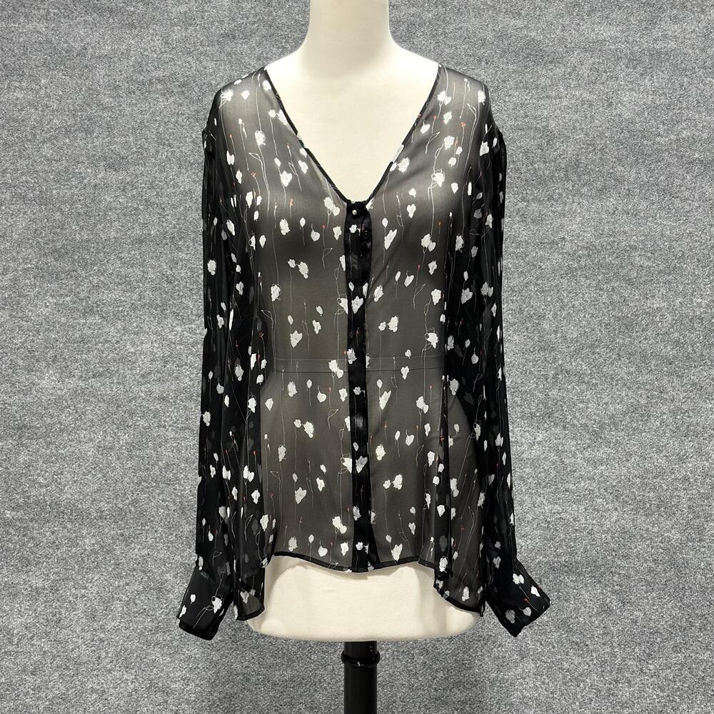 HUGO Hugo Boss Blouse Womens 44 Large Black Sheer Long Sleeve Floral V Neck